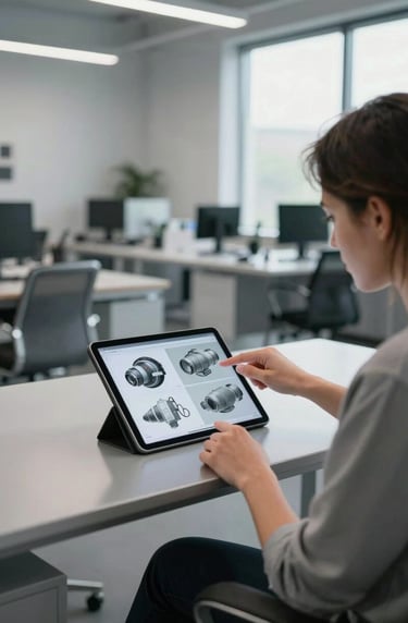 A creative professional in a North American / US design studio reviewing 3D models on a high-resolution tablet. The studio has a clean aesthetic with cool silver grey furniture and large windows.