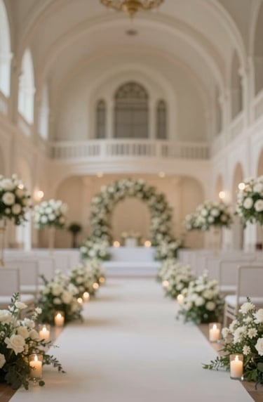 A wide artistic shot of an elegant wedding venue hall, emphasizing the architectural symmetry and sophisticated lighting, with subtle hints of #B8ADAD floral arrangements and warm candlelight.