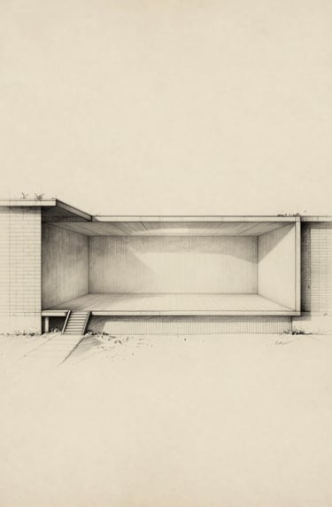 Conceptual architectural section drawing. Fine Charcoal lines on a Soft Sand colored parchment background, showing the relationship between underground memory and surface light.