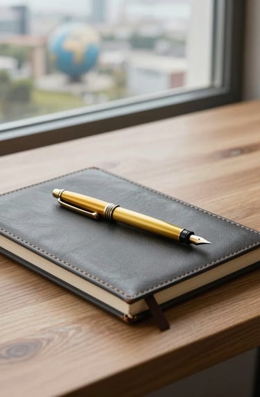 A minimalist workspace featuring a wooden desk with a Muted Antique Gold fountain pen and a leather-bound sketchbook. A window looks out onto a serene International / Global Art Scene landscape. Sharp focus, clean composition.