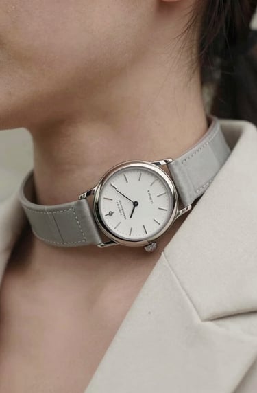 Detailed close-up of high-fashion accessories on the model, such as a luxury watch or a metallic collar detail. Soft off-white and silver grey palette with extreme sharpness and cinematic depth of field.
