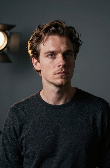 A gritty and intimate portrait of a musician backstage, soft side-lighting from a single lamp, pensive expression, minimalist dark grey background, professional artistic photography, Western European / Dutch subject.