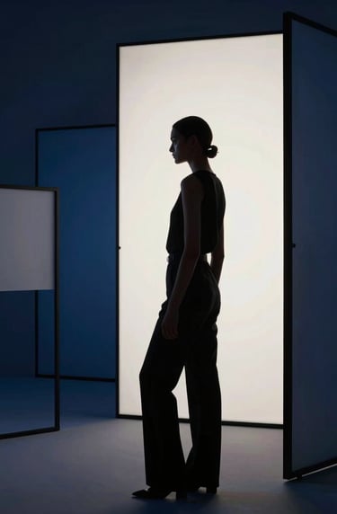 Professional photography of a fashion set where a model is silhouetted against abstract geometric screens. The lighting is cinematic and immersive, using deep midnight blue and off-white highlights. High-end production design for a luxury brand, Western European style.