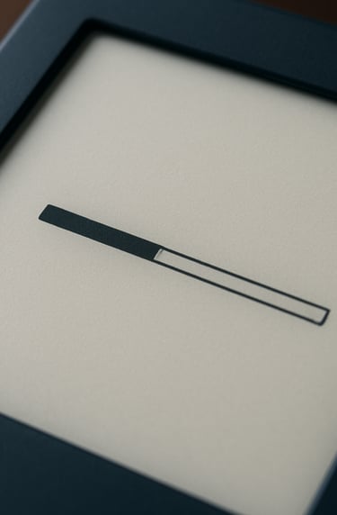Macro shot of a high-resolution e-reader display showing a progress bar and minimalist interface, dark navy frame, light grey screen light, sharp focus on digital text in Portuguese.