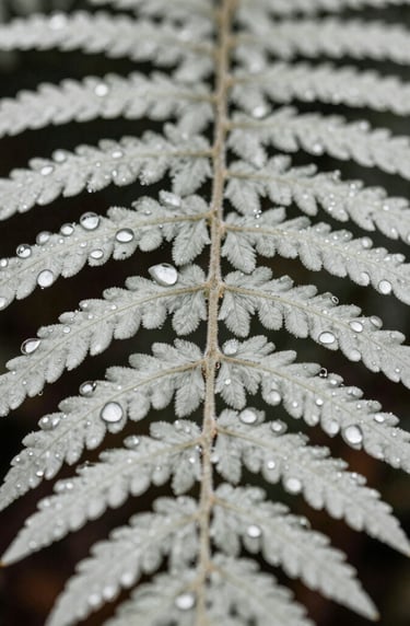 A detailed close-up of a fern leaf with dew drops, reflecting a clean and modern forest aesthetic. The colors are light sage and off-white. Professional North American nature photography.