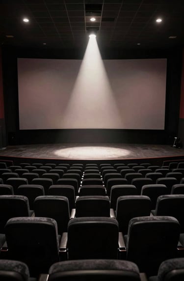A polished, dramatic interior of a North American / US cinema hall, empty seats in rich black, a single off-white spotlight hitting the center stage.