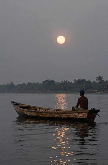 Cinematic documentary still: a fisherman in a wooden boat on an Angolana river at dawn, misty dark grey morning light, subtle gold reflections on the water.
