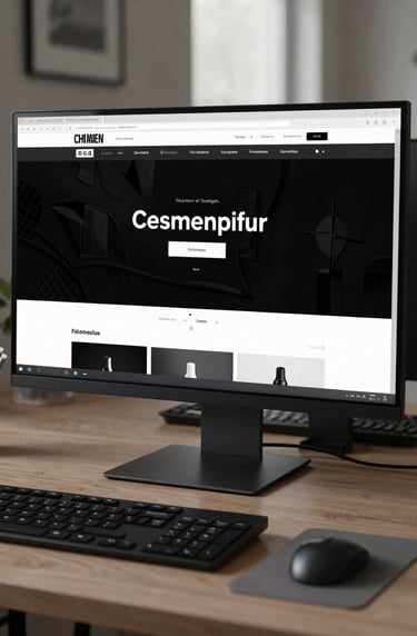A sleek, professional workspace in a North American / US apartment featuring a large monitor that displays a high-impact web design project with a solid black and white theme.