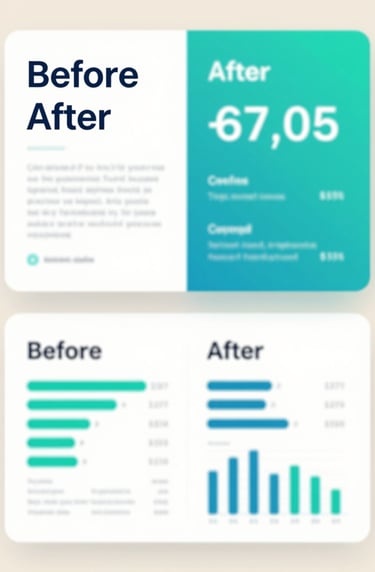 A sophisticated split-screen layout showing a 'before and after' of a corporate presentation redesign, featuring clean typography and impactful Teal Blue data visualizations on a Soft Sand background.