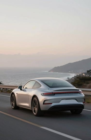 The Silver Gullwing car driving away on a coastal road at dawn. Soft #F8F8F8 light hitting the roof. Artful composition, blurred background, meticulous visual storytelling.