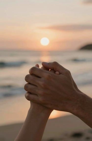 A close-up shot of a couple's hands entwined, set against a soft, out-of-focus Bali sunset beach background. The tones are warm and nostalgic, highlighting the intimate details and skin textures with a soft film-like grain.