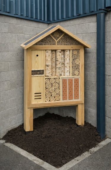 Image of an insect hotel being used in a corporate business park