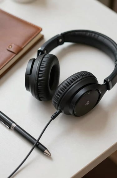 A pair of professional studio headphones resting on an off-white wooden desk next to a leather-bound notebook and a charcoal-colored pen, soft natural morning light.