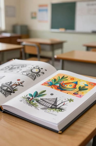 A high-quality photograph of a professional art portfolio binder open on a wooden desk, showcasing vibrant student sketches and finished pieces. The background is a soft-focus North American / US classroom with warm, inviting lighting and a clean, organized aesthetic.