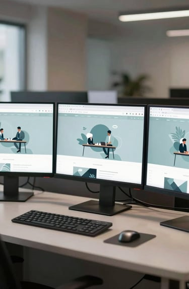 A wide-angle view of a digital workstation with three monitors displaying a cohesive, responsive web design. The mood is calm and productive, with a color palette of #F0F4F4 and #3F5E5C dominating the screens.