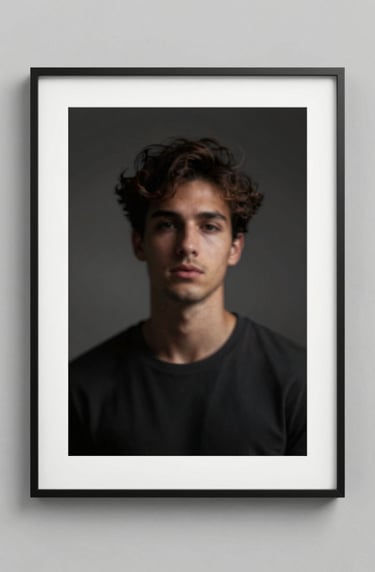 An artistic realization showing a framed fine art print on a gallery wall, dramatic lighting, featuring a lifestyle portrait with deep shadows, colors #1F1E1C and #8F8C8A.