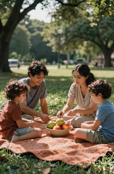 A detailed, cinematic shot of a family picnic on a terracotta colored blanket in a North American / US park. Focus on a shared bowl of fruit with soft blue light filtering through the trees.