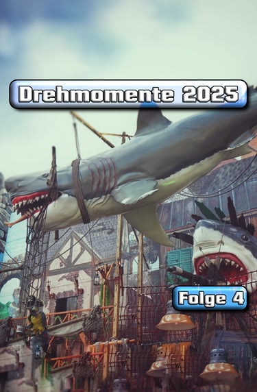 Große hängende Haifiguran an einem Laufgeschäft mit dem Schriftzug „Drehmomente 2025 Folge 4“