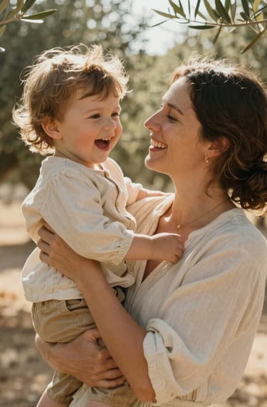 Warm lifestyle portrait of a mother holding her toddler, filled with laughter, under the dappled light of olive trees. Nostalgic and cinematic style, soft cream and golden highlights, Spain / Southern Europe.