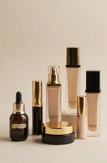Minimalist photography of a collection of premium cosmetic products, organized aesthetically. Elegant gold accents in the composition for a luxurious look.