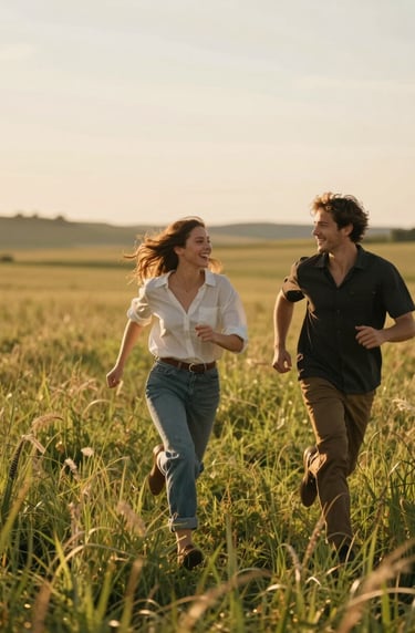 A candid, cinematic shot of a young couple running through a tall grass field during the golden hour in a North American rural landscape. The lighting is warm and sun-drenched, capturing the movement and joy in their faces with a soft-focus background.