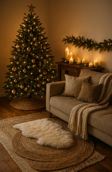Cozy Christmas living room with layered rugs, glowing tree, candles, and soft neutral decor.