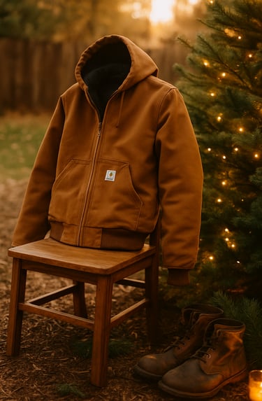 Carhartt-style jacket draped over wooden chair beside boots and pine tree with golden sunlight.