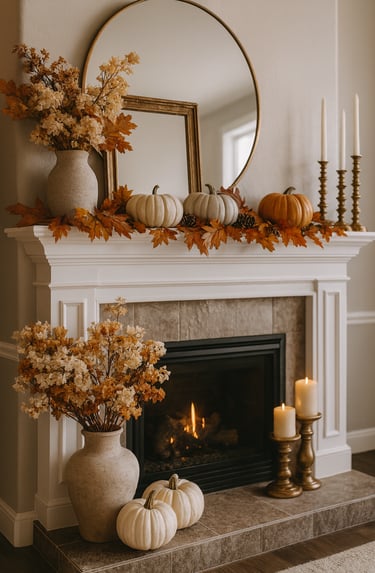 fireplace mantel decorated for fall with a round brass-framed mirror layered with a vintage frame