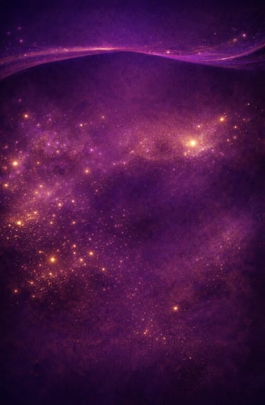 Deep purple galaxy background featuring vibrant star clusters and celestial nebula clouds.