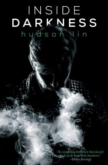 Inside Darkness book cover by Hudson Lin featuring a man in shadows with white smoke swirls.