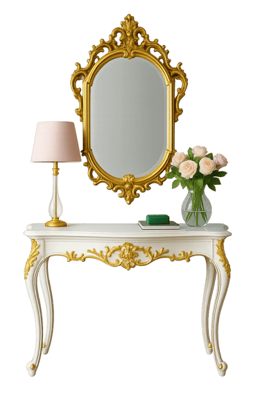 Elegant ornate gold mirror hanging above a white console table with a lamp and roses.