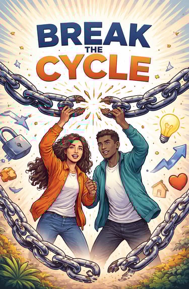 Inspirational illustration of a couple breaking metal chains with the text Break the Cycle for empowerment.