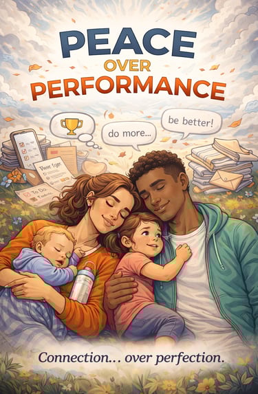 Inspirational illustration of a peaceful family cuddling in a meadow with the text Peace Over Performance.