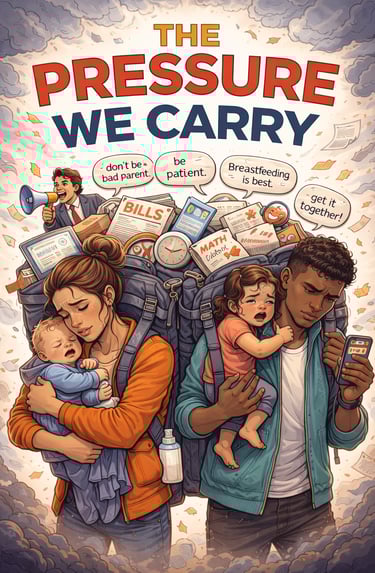 Illustration of parents carrying heavy backpacks of societal pressure, bills, and crying children.