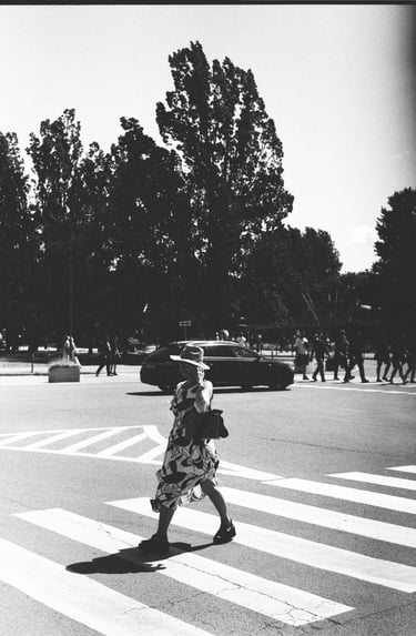 Woman crossing street in Gdynia-Analog photohraphy