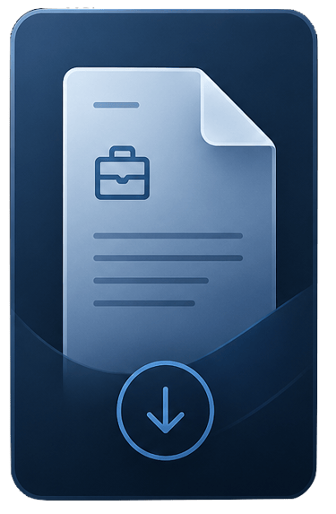 Blue digital document icon with a briefcase symbol and download arrow for job applications.