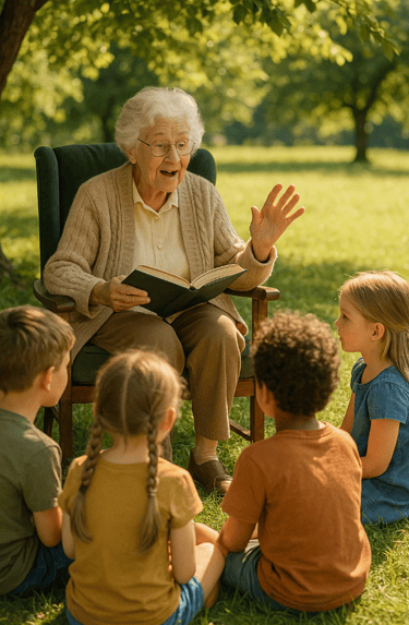 Une grand mère raconte une histoire à des enfants dans le jardin pour la journée des personnes agées