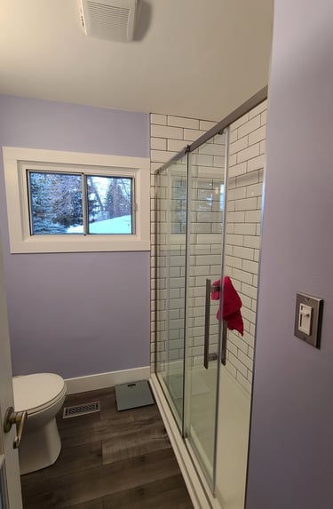 bathroom renovation finished image new paint job shower tiles and shower pan and glass shower door i