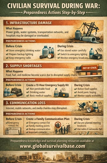 civilian survival war preparedness infographic showing how to survive conflict and crisis situations
