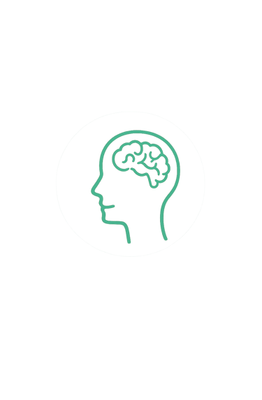 Green line art icon of a human head and brain silhouette on a black background representing mental health.