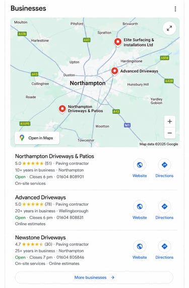 Google Maps business listings for Northampton paving contractors and driveway installation services.