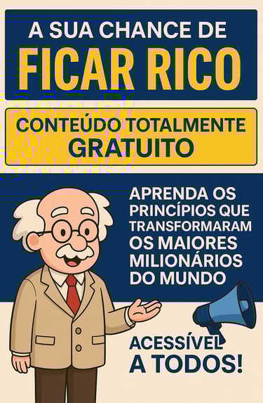 Panfleto digital com fundo azul e bege destacando a frase “A SUA CHANCE DE FICAR RICO” em letras gra