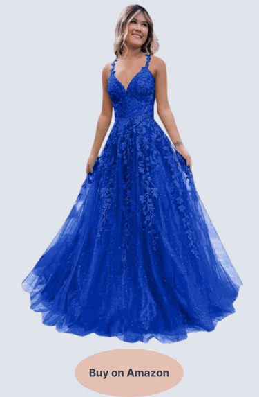 Mikethon Tulle Lace Prom Dresses Appliques Long Spaghetti Strap V-Neck