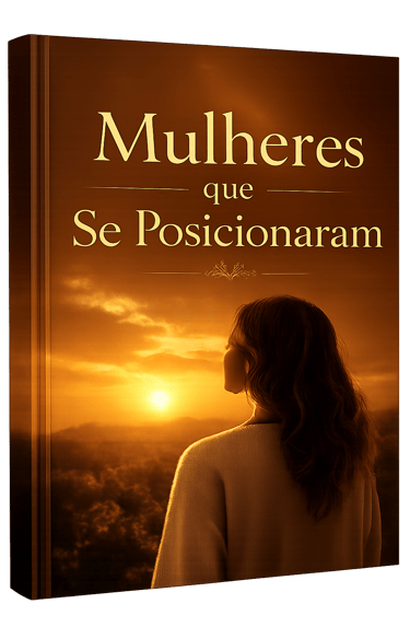 Book cover titled Mulheres que Se Posicionaram featuring a woman watching a golden sunset over a valley.