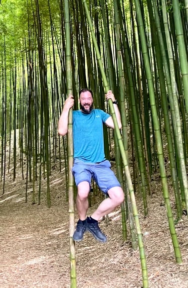 a man in front of a bamboo trees