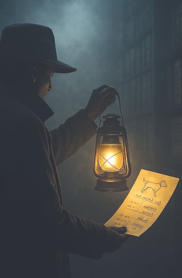 A figure holding a lantern examines a glowing paper with a dog sketch, surrounded by mist & mystery