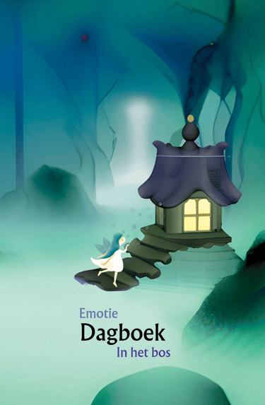 Voorkant Emotiedagboek In het bos met een abstract bos en een elfje dat naar een huisje loopt