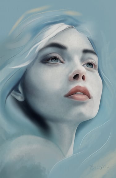 a woman with a blue eyes and a white hair