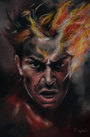 a painting of a man with a fire on his head