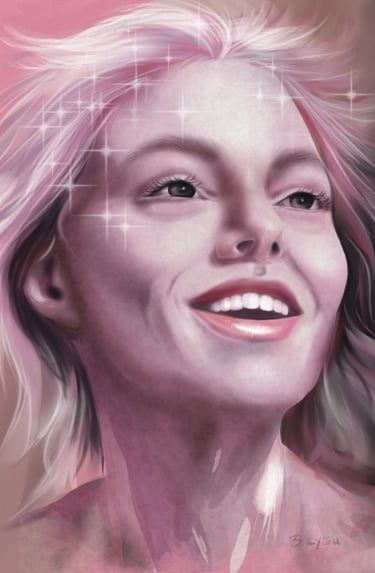 a woman with blonde hair and a pink shirt